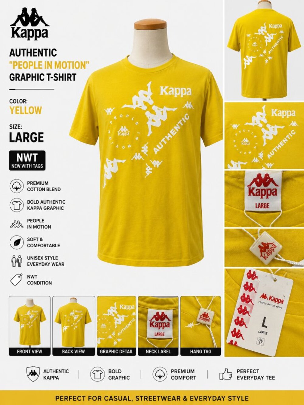 NWT Kappa People In Motion Graphic T-Shirt Yellow Men's Size L